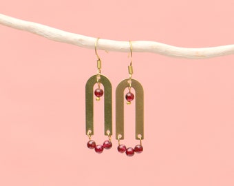 Dangle Brass Earrings with Garnet Beads