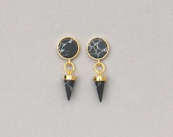 Black Marble Cone Spike Earrings