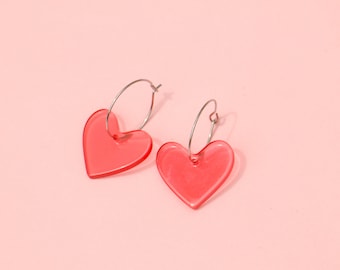 Pink Acrylic Heart Hoops