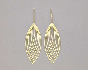 Delicate Brass Leaf Earrings Marquise Shaped