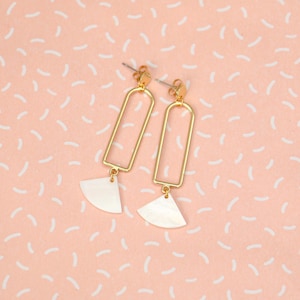 Gold Dangle Statement Fan Earrings with Mother of Pearl