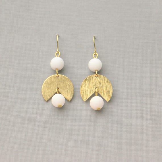 Modern Art Deco Brass Earrings with White Jade Beads