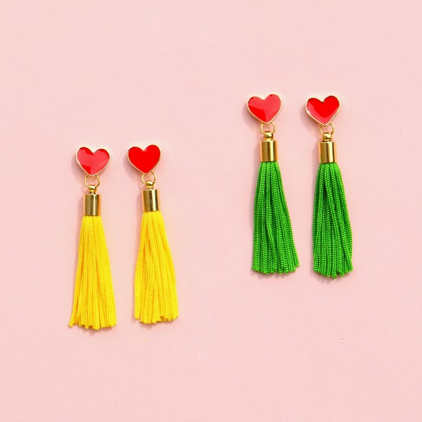 Red Heart Stud Tassel Earrings