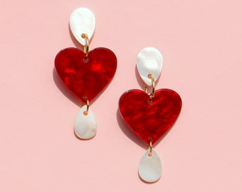 Heart Teardrop Earrings: Acrylic Hearts and Mother Of Pearl Drops