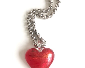 Vintage Monet Silver-tone Belcher Necklace: Red Heart Pendant, 35” Long