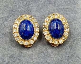 1960s Hallmarked Attwood & Sawyer Gold Lapis Lazuli Clip Earrings