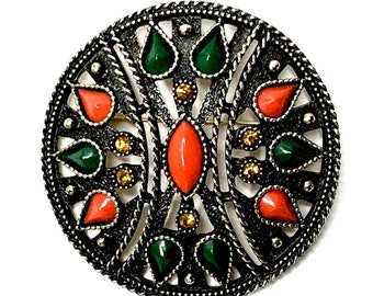 Signed Antique Emmons Brooch Pendant Round with Coral and Green Cabochons Honey Colour Rhinestones