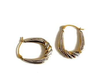 Art Deco Hallmarked 9ct 375 Yellow White Gold Hoop Earrings