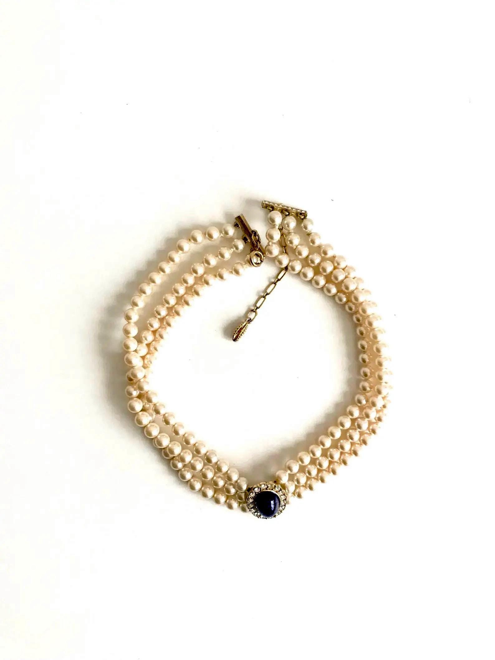 Vintage Attwood & Sawyer Pearl Choker: Gold Plated Black Stone Crystal Pendant