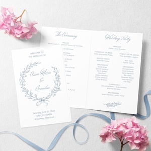 Dusty Blue Wedding Program Template with Wreath Folded Order of Service, Elegant Editable Ceremony Program with Crest Logo, NIKA image 1