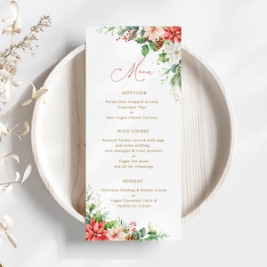 Szablon menu świątecznego - karta edytowalna z poinsecją, świąteczna impreza firmowa, coroczna kolacja rodzinna, elegancka dekoracja stołu świątecznego, MILI