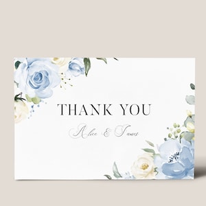 Modello di biglietto di ringraziamento - Biglietto di ringraziamento floreale per matrimonio blu polveroso stampabile, modificabile piegato e piatto rustico biglietto di ringraziamento, ALICE