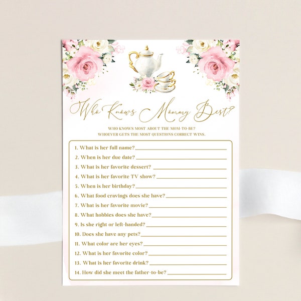 Who Knows Mommy Best Game Printable Template - Girl Baby Shower, Tea Party Activity, Dusty Rose Pink How Well Do You Know Mom-to-Be, AURORA