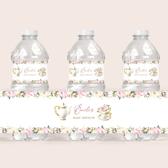 Blush Tea Party Water Bottle Label Printable Template for Baby Girl Shower - Garden Party Labels with Pink Rose Flower, It's a Girl, AURORA Il_570xn