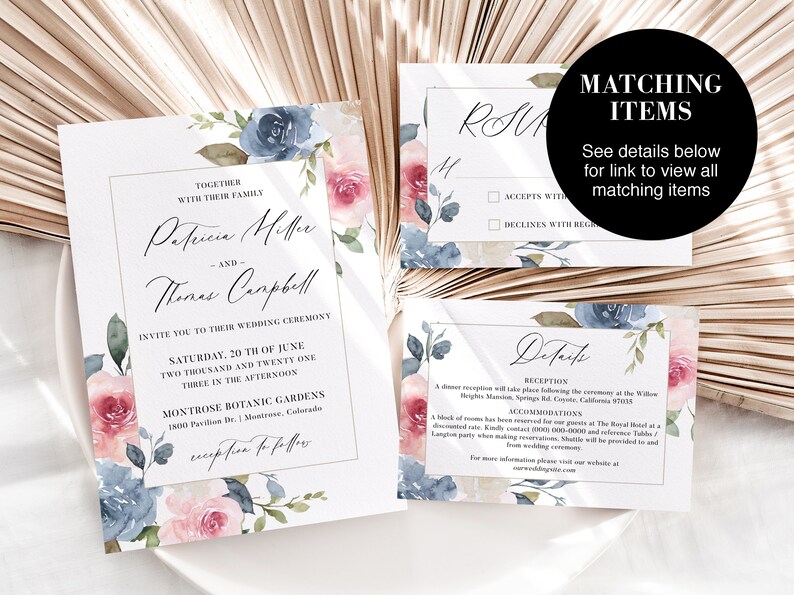 Ethereal Watercolor Wedding Invitation Template Dusty Blue and Soft Rose Pink Editable Card, Light Blue Floral Calligraphy Invite, TAYRA image 4