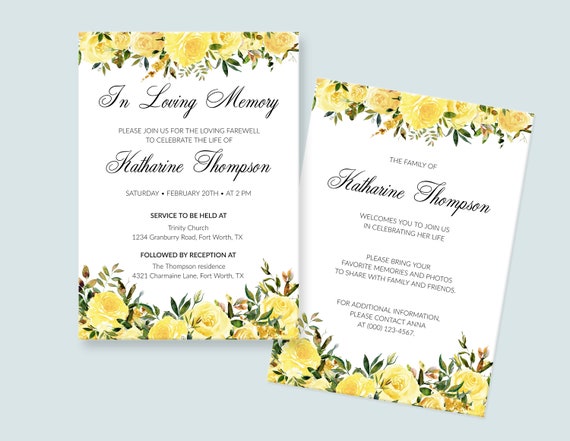 Funeral Announcement Printable Template - Funeral Invitation with Yellow Roses, Floral Editable Memorial Service Card, 3310 Il_570xn