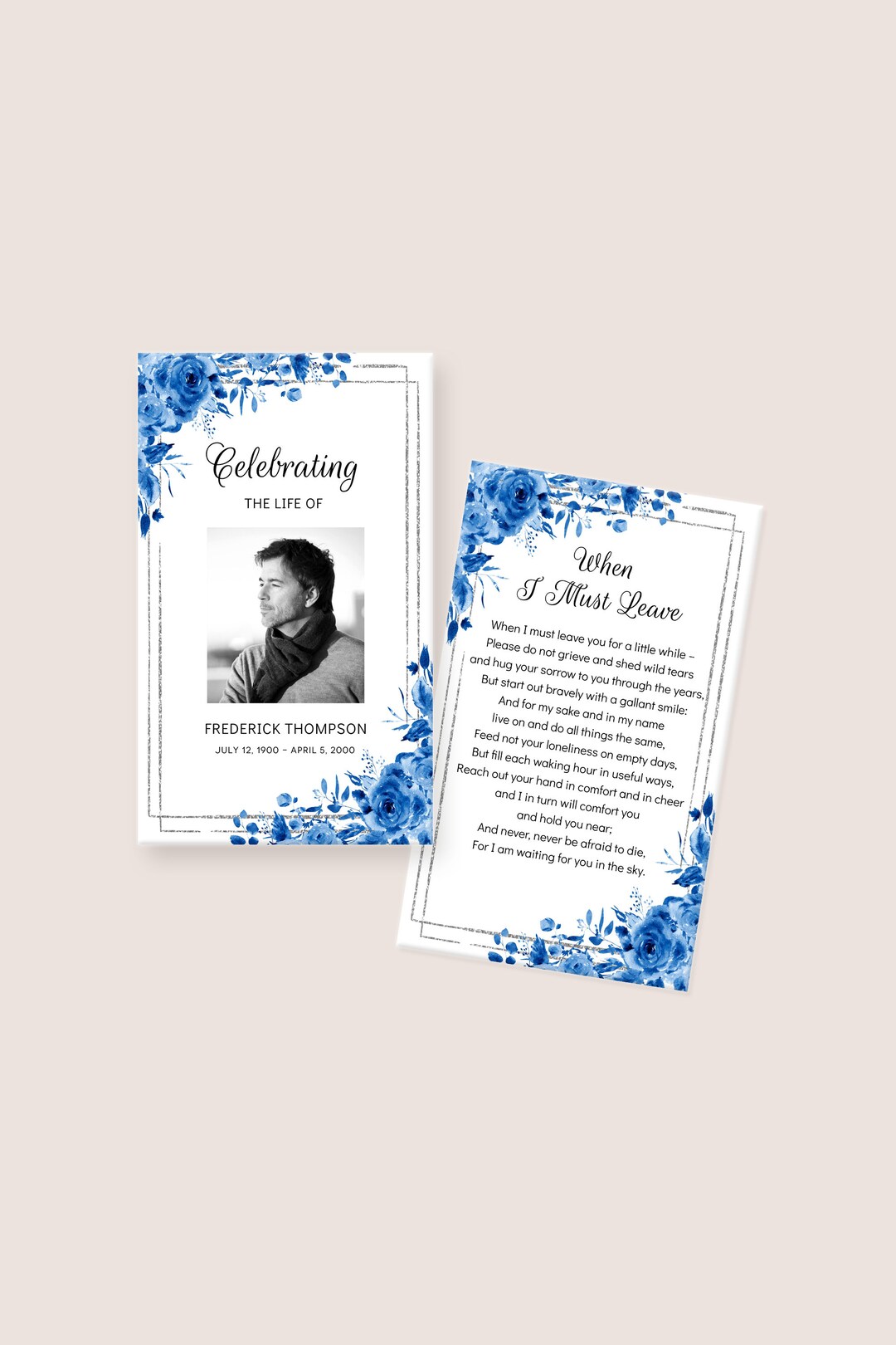 Blue Roses Funeral Prayer Card - Floral Printable Memorial Template for ...