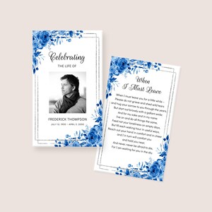 Carte de prière funéraire roses bleues - modèle commémoratif floral imprimable pour homme ou femme, cadeaux funéraires modifiables, en souvenir d'amour, 3345