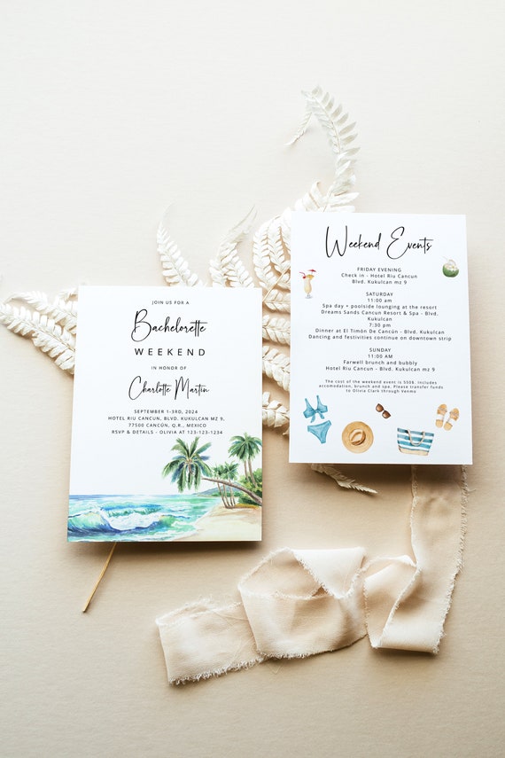 Beach Bachelorette Invitation Template - Editable Tropical Weekend Itinerary Schedule, Palm Springs Blue Ocean Printable Card, MIA Il_570xn