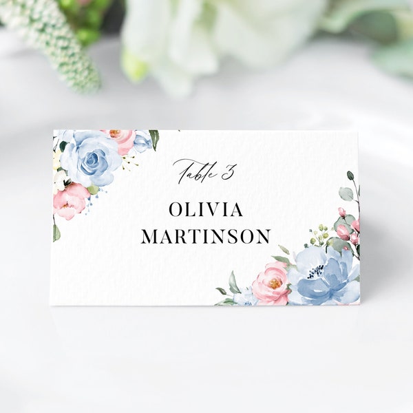 Rustic Wedding Place Card Template - Tent and Flat, Wedding Escort Cards Printable, Dusty Blue and Dusty Rose Pink Name Cards, CHLOE