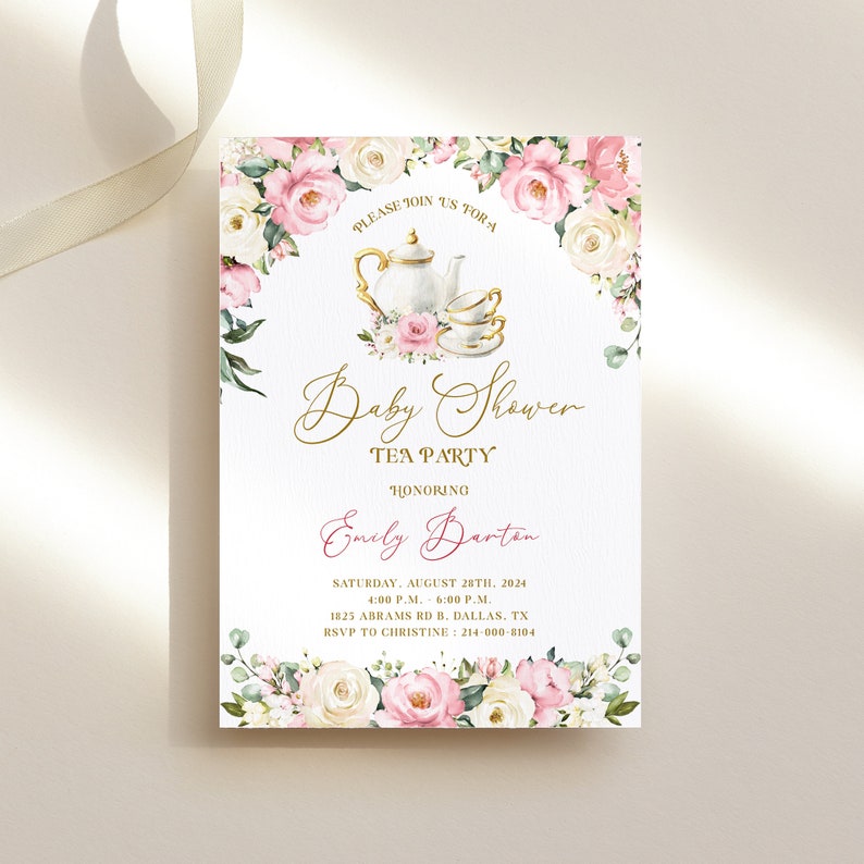 Blush Tea Party Invitation Template Printable Pink Flower Etsy
