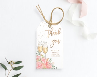 Brunch und Bubbly Favor Dankeschön-Tag – Blush Pink Roses Bridal Shower Bearbeitbarer Tag, rustikale Blumen-Geschenketiketten-druckbare Vorlage, ZUCKER