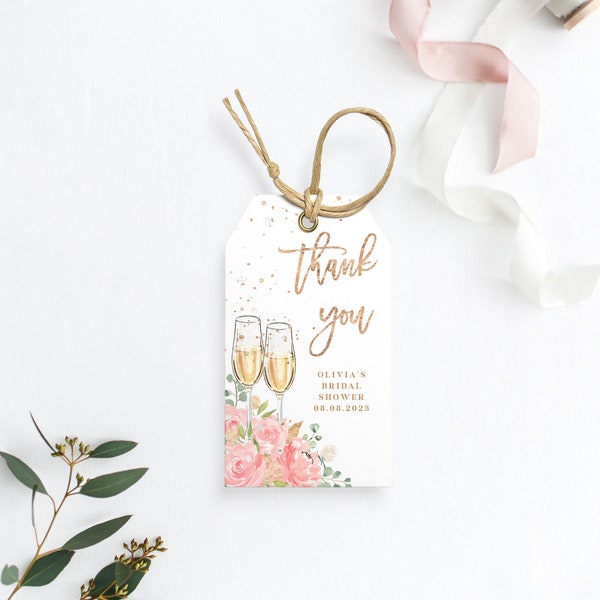 Brunch and Bubbly Favor Thank You Tag - Blush Pink Roses Bridal Shower Editable Tag, Rustic Floral Gift Label Printable Template, SUGAR