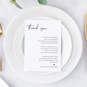 Plantilla de carta de agradecimiento para recepción, Notas de agradecimiento para invitados en la recepción, Tarjeta de agradecimiento para menú de boda simple imprimible, NINA