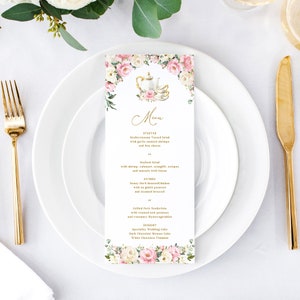 Plantilla de menú para fiesta de té con rubor: tarjeta rústica editable con flores para la fiesta del té de la despedida de soltera, flores rosas rosas y marfil para fiesta de cumpleaños de niña, AURORA