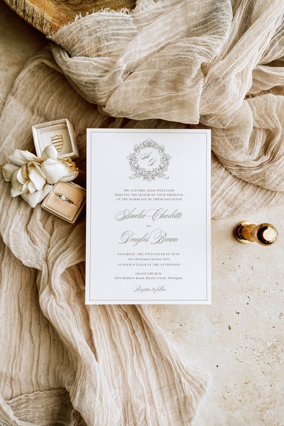 Wedding Crest Invitation Template with Victorian Wreath - Printable Card with Wedding Monogram, Vintage Style Invite with Logo, Corjl, MINA Il_570xn