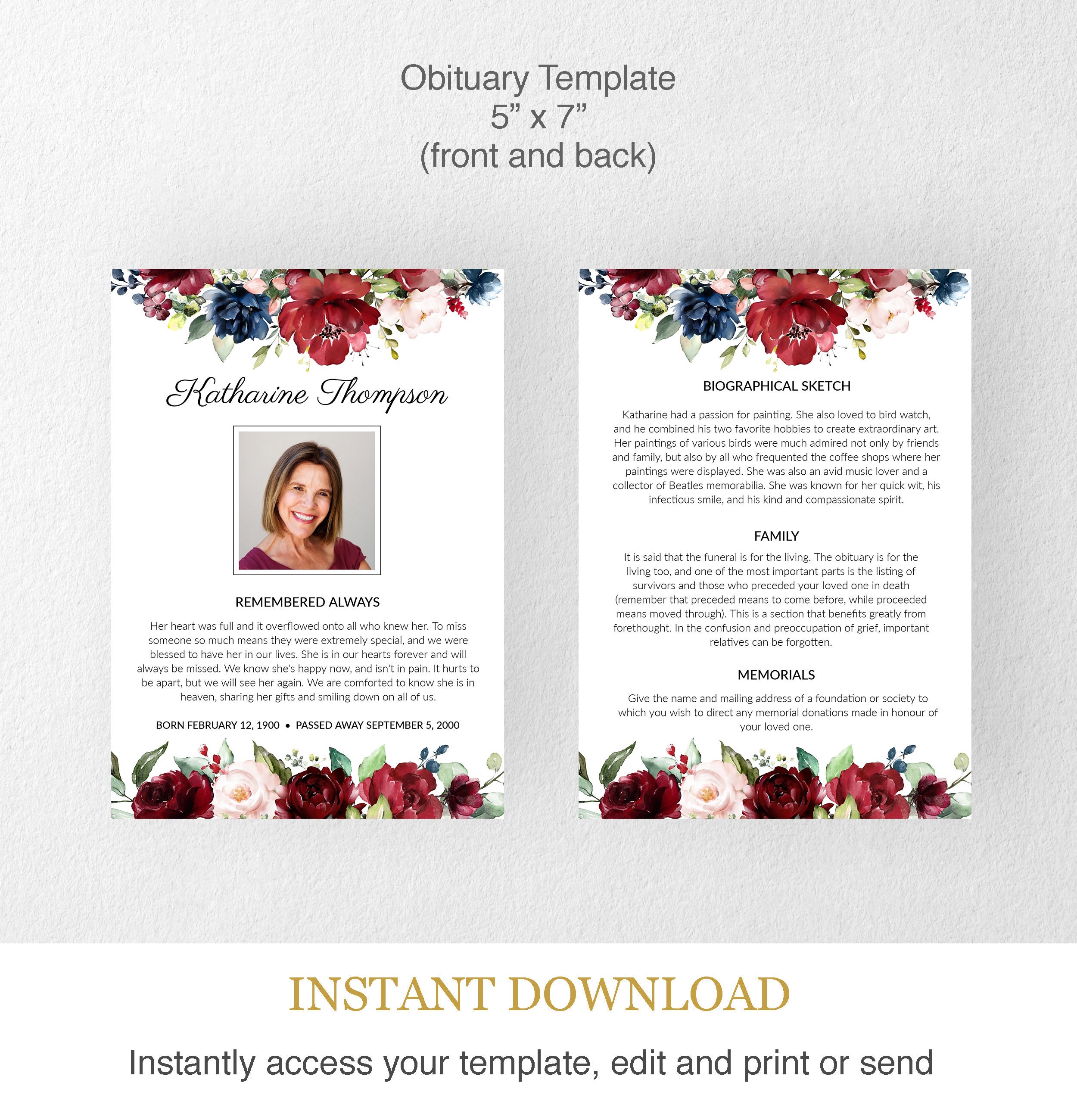 Obituary Template Funeral Memorial Card With Burgundy Red Etsy Obituary Template Funeral Memorial Card With Burgundy Red Etsy