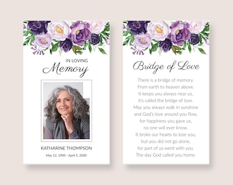 Purple Funeral Prayer Card Template - Editable In Loving Memory with Peonies and Violet Roses, Printable Memorial Card Favors, 1584