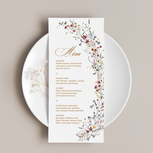 Modèle de menu de mariage fleurs sauvages - carte florale modifiable bohème, menu du dîner de répétition, décoration de table, fête jardin secrète vintage, SANNA