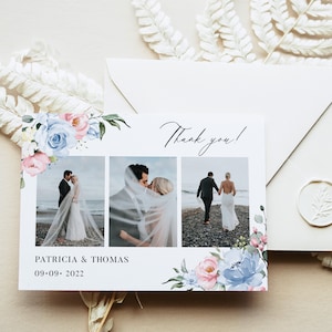 Modèle de carte de remerciement modifiable pour mariage avec photos d'arbre - Remerciements floraux bleu poussiéreux rustique et rose rose poudré, CHLOE