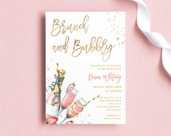 Brunch and Bubbly Bridal Shower Invitation Template - Blush Pink Card with Champagne Bottle & Flutes, Gold Foil Summer Party Invite, CELINE