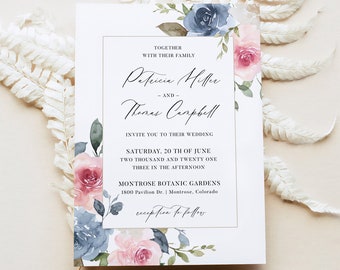 Ethereal Watercolor Wedding Invitation Template - Dusty Blue and Blush Pink Roses Editable Card, Elegant Floral, Calligraphy Font, TAYRA