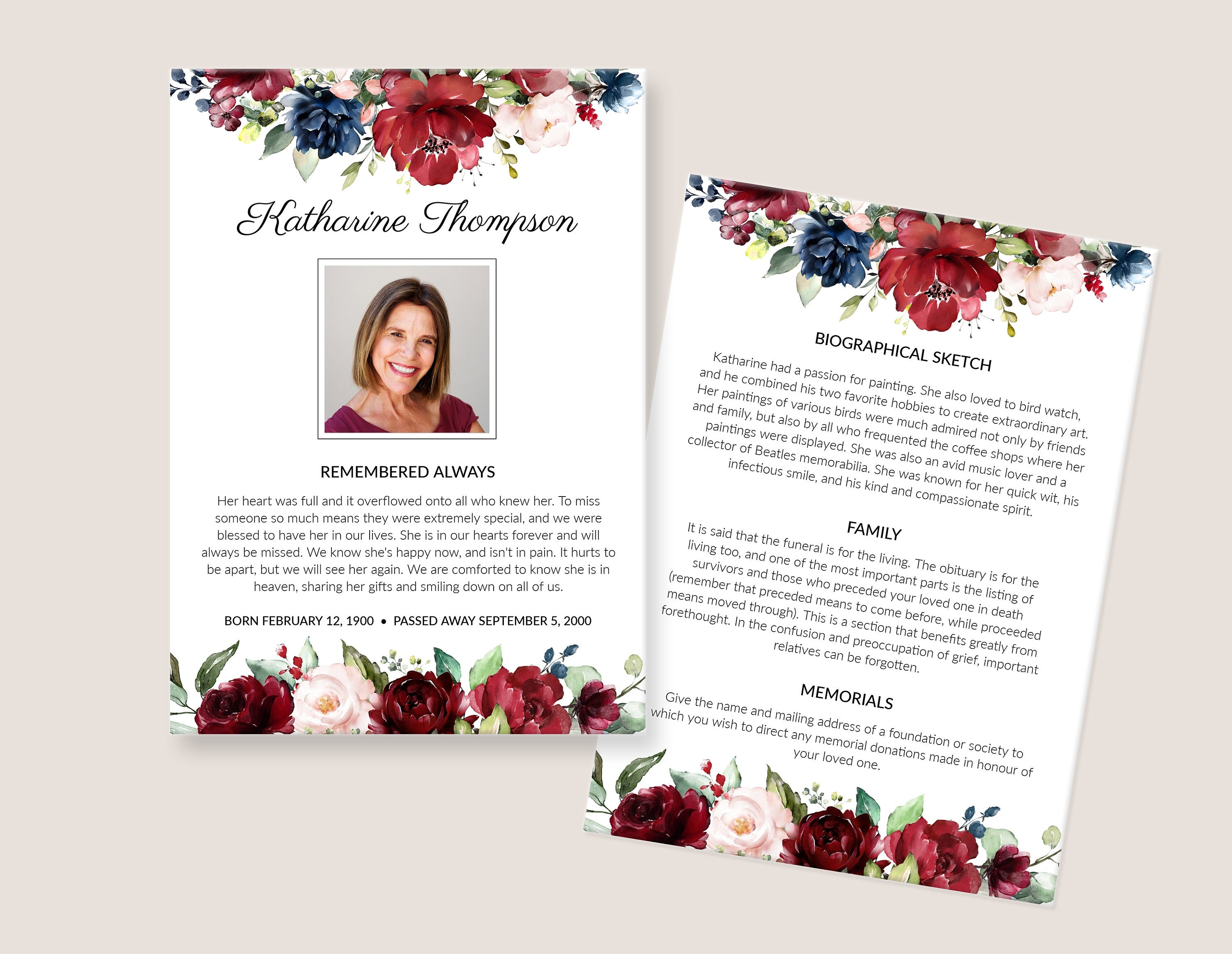 Obituary Template - Funeral Memorial Card with Burgundy Red and Navy Blue  Roses, Printable and Editable Celebration of Life Card, 23 Regarding In Memory Cards Templates