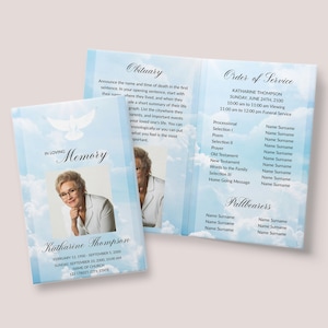 Modelo de programa de funeral Blue Sky - Brochura memorial com pomba, sol e pássaro branco, cartão de memória editável e amoroso para homem ou mulher, POMBA