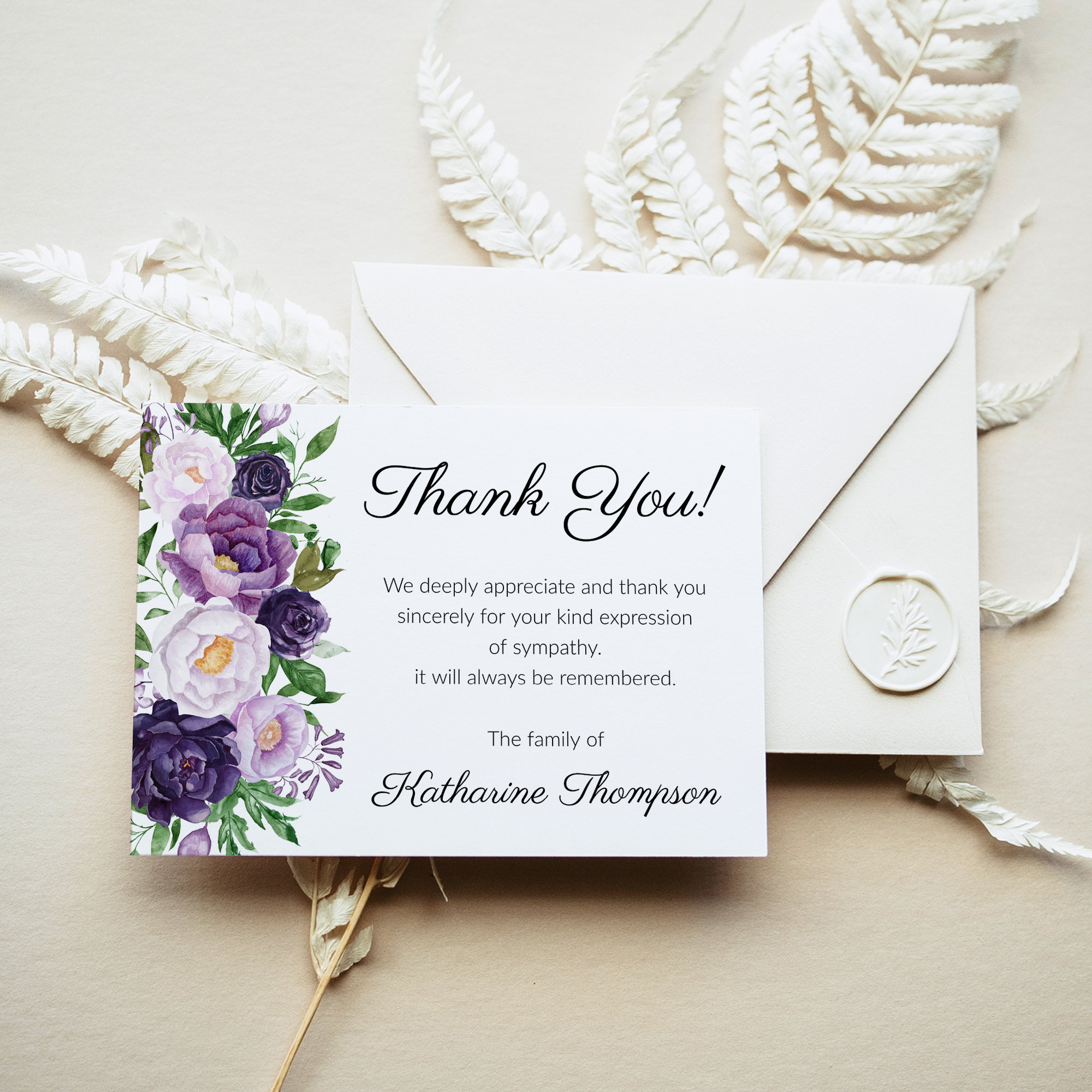 Funeral Thank You Card Template - Printable Thank You Notes, Sympathy Acknowledgment Cards With Purple Peonies and Lavender Roses, 1584 - Etsy funeral-thank-you-card-template-printable-thank-you-notes-sympathy-acknowledgment-cards-with-purple-peonies-and-lavender-roses-1584-etsy