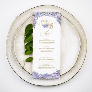 Plantilla de menú de fiesta de té morado: tarjeta rústica editable con flores para la fiesta de té de la despedida de soltera, cumpleaños de niña con flores de glicina violeta, época de la regencia, EDEN