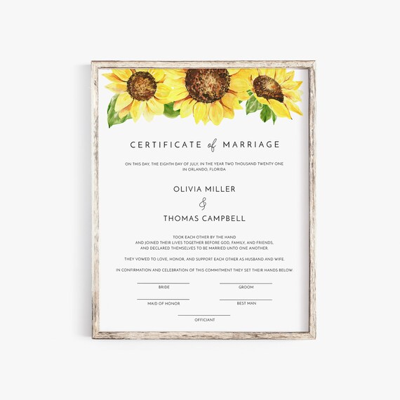 Sunflower Marriage Certificate Handfasting Certificate, Country Barn