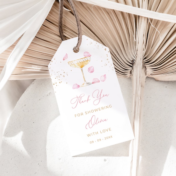 Editable Brunch and Bubbly Bridal Shower Favor Tag - Petals Prosecco Wedding Shower Gift Label, Bachelorette Champagne Coupe Glass Tag, JANE