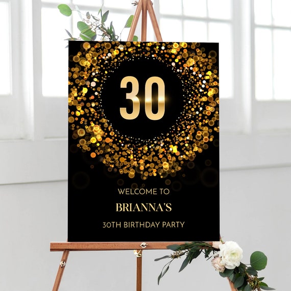 30th Birthday Welcome Sign Template Golden Sparkles Printable Banner 30th-birthday-welcome-sign-template-golden-sparkles-printable-banner