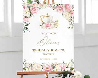 Tea Party Bridal Shower Welcome Sign Template - Rustic Floral Wedding Party Decor, Printable Banner with Dusty Rose Pink Flower, AURORA