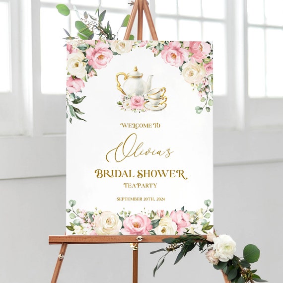 Tea Party Bridal Shower Welcome Sign Template - Rustic Floral Wedding Party Decor, Printable Banner with Dusty Rose Pink Flower, AURORA Il_570xn