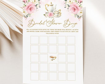 Brautparty Blush Tea Party Bingo-Spielvorlage – Bearbeitbare Summer Par-Tea-Karte in Dusty Rose Pink und Ivory, Tea Time Fun-Geschenkspiel, AURORA