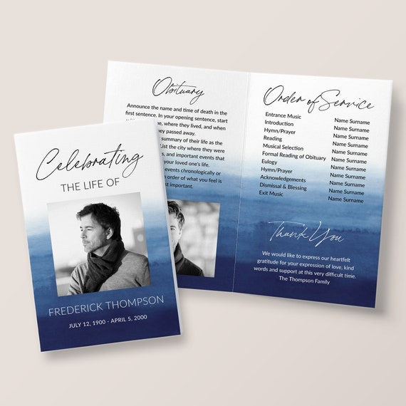 Funeral Program Template for Man - Blue Watercolor Ocean Memorial, Celebration of Life, Printable In Loving Memory, Memorial Service, 3363 Il_570xn