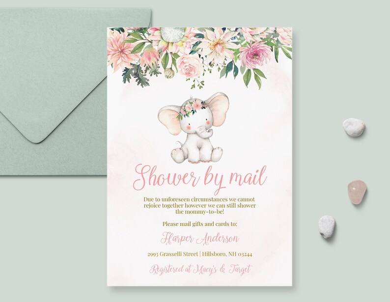 Baby Shower by Mail Invitation Template Pink Elephant Baby Etsy
