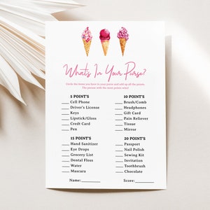 Wat zit er in je portemonnee bruids douche spel - Ice Cream Bridal Party Games sjabloon, roze dessert brunch kaart afdrukbaar, opgeschept, Pdf, NYRA