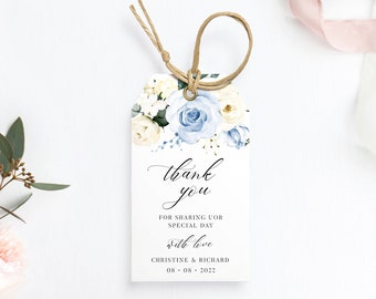 Wedding Favor Thank You Tags Printable Template - Rustic Floral Editable Gift Tag with Dusty Blue Roses, Bridal Shower Tag, ALICE